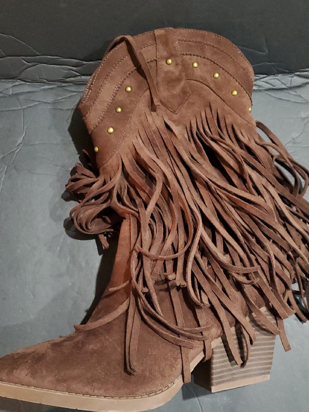 Brown faux suede fringed gold studded midcalf cowgirl cowboy boots size 10‎ new - Picture 4 of 11